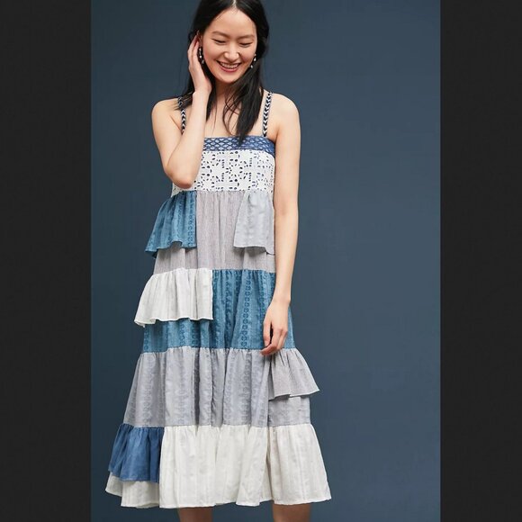 PRICE REDUCTION - New Anthropologie Love Binetti Tiered Patchwork Dress Size L - Picture 3 of 7